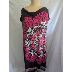 London Times Brown & Pink Short Sleeve Shift Dress Sz 14 Floral Medallion Chic